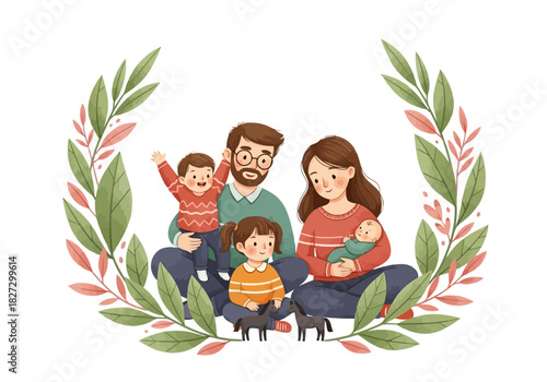 Charming watercolor illustration of a happy family with four children, including a newborn, framed by a leafy wreath