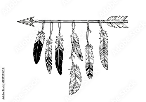 Hand drawn tribal arrow with hanging feathers decoration