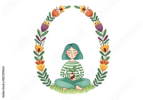 Cute girl with green hair meditating while holding a small plant seedling inside a floral wreath frame