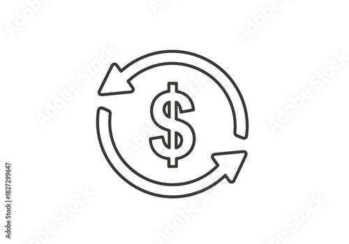 Simple line icon representing money exchange or currency conversion with a dollar sign and circular arrows