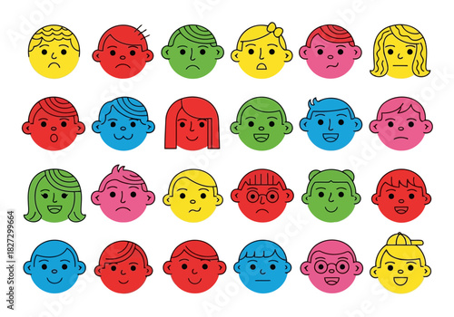 Collection of diverse cartoon faces with various expressions and hairstyles