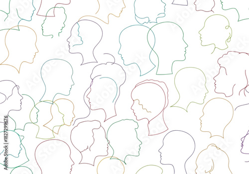 Seamless pattern of colorful line art human head silhouettes facing different directions on a