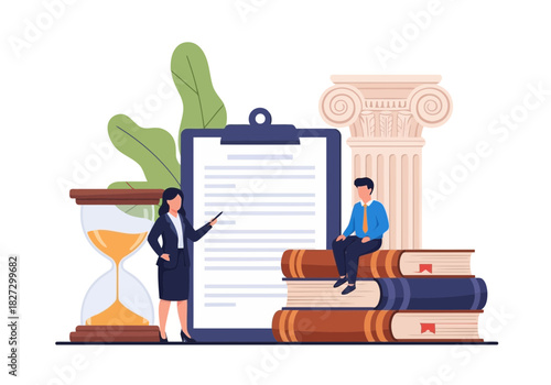 Lawyer or legal consultant explaining document to client near hourglass, law book stack, and classical column