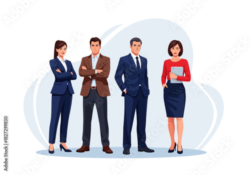 Group of four diverse business people standing together in professional attire