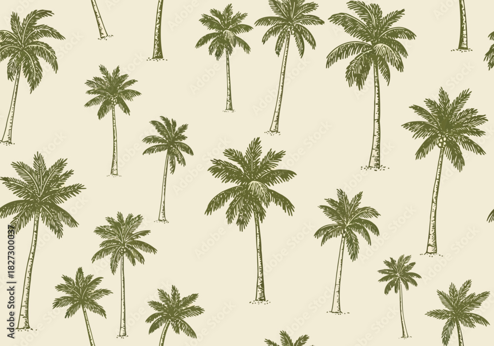 Fototapeta premium Seamless pattern of vintage hand drawn coconut palm tree sketch on light beige background for tropical textile design