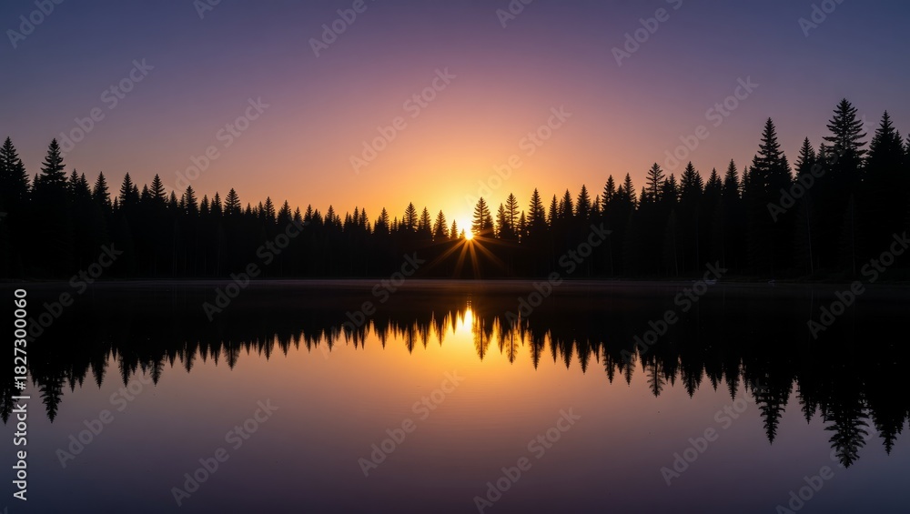 Fototapeta premium Sunset reflection on forest lake