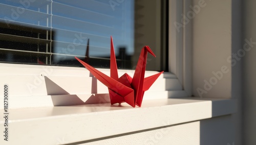Fototapeta Naklejka Na Ścianę i Meble -  Red origami swan on windowsill