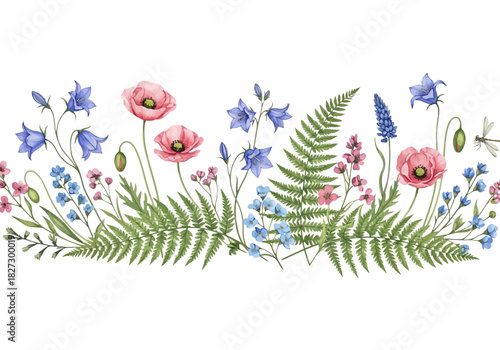 Watercolor border of delicate pink poppy, blue bellflower, and green fern leaves