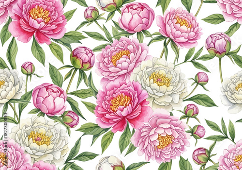 Watercolor seamless pattern with beautiful pink and white peony flower bloom and bud on