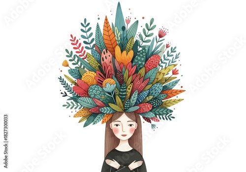 Watercolor illustration of a woman with an elaborate, colorful crown of tropical foliage and flowers