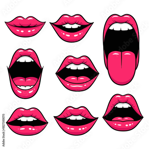 Set of nine bright pink pop art style lips showing various expressions like smiling, open mouth, and tongue out