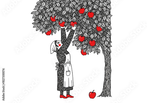 Black and white illustration of an old woman in traditional dress reaching up to pick a ripe red apple from a heavily laden fruit tree