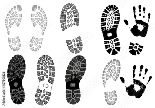 Collection of various black and white boot sole prints and handprint silhouettes