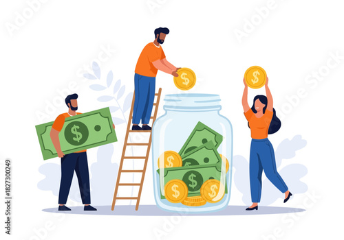 Diverse group of people saving money by putting dollar bills and coins into a large glass jar