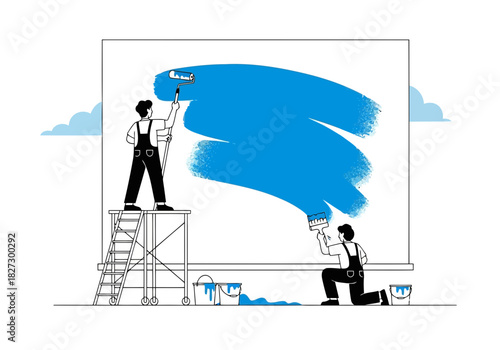 Two painter worker character painting large billboard or wall with blue color using roller and brush