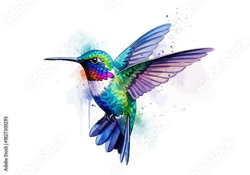 Vibrant watercolor illustration of a colorful hummingbird in flight