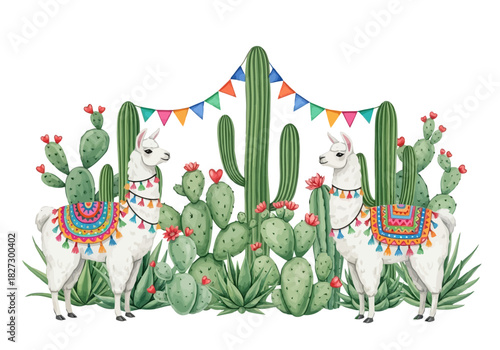 Two cute watercolor llamas with colorful saddle blankets standing among various green cactus plants and bunting flags