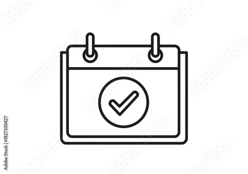 Black and white line art icon of a calendar page with a checkmark inside a circle, symbolizing a confirmed or completed date