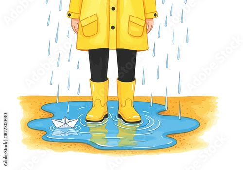 Child wearing bright yellow raincoat and rain boots standing in a puddle with a paper boat