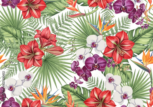 Seamless tropical floral pattern with red amaryllis, purple and white orchid, and bird of paradise flower