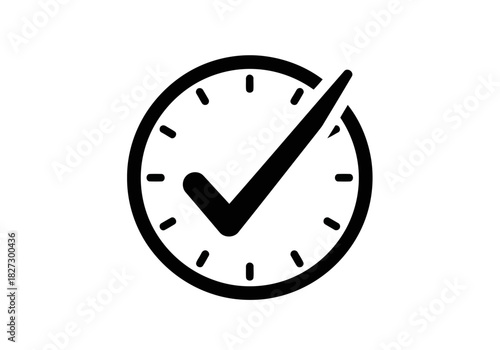 Black and white icon representing a check mark superimposed on a clock face, symbolizing timely completion or approval