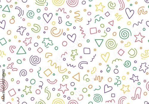 Seamless pattern of colorful hand drawn doodle shapes like hearts, stars, swirls, and confetti