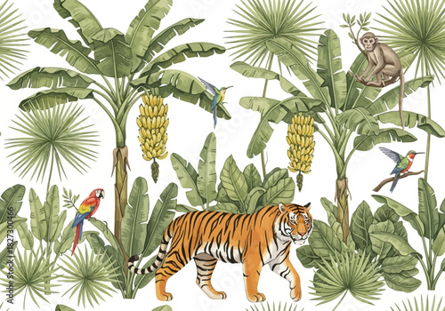 Seamless jungle pattern with tiger, monkey, parrot, hummingbird, banana tree, and tropical foliage on