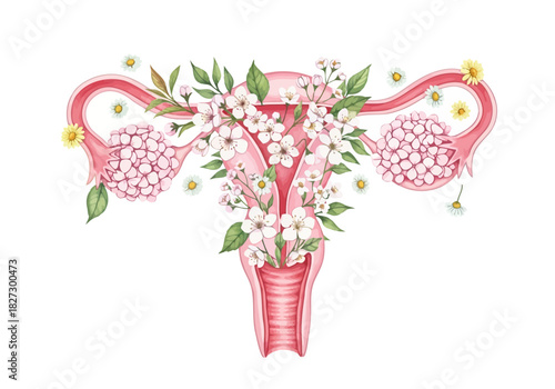 Watercolor illustration of a uterus decorated with delicate white and yellow spring blossoms and green leaf branch