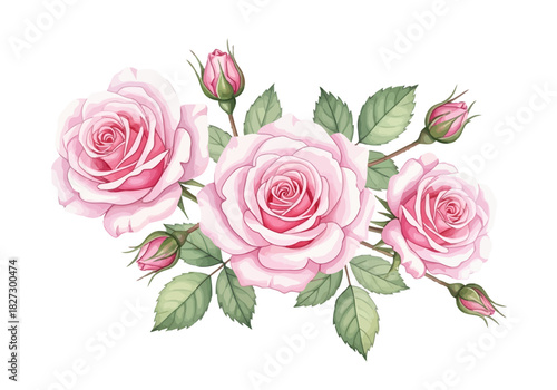 Watercolor illustration of a beautiful bouquet of delicate pink roses with green leaves and buds