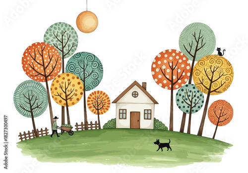 Charming watercolor illustration of a small house surrounded by colorful, stylized trees in a grassy yard with a person and pets