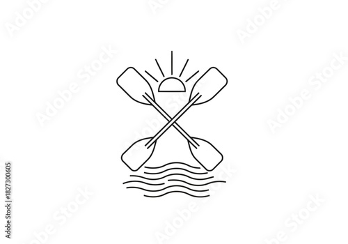 Minimalist line art logo design featuring crossed oars above stylized water waves with a rising sun icon