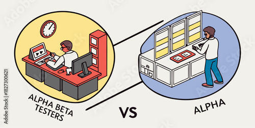 Alpha versus Beta testing: Software testers at work ensuring product quality before launch, streamlining workflow and improving user experience