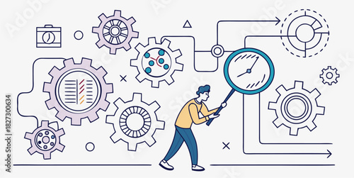 Modern business illustration showing process optimization with gears, time management, and analysis for streamlined workflow and efficiency improvements