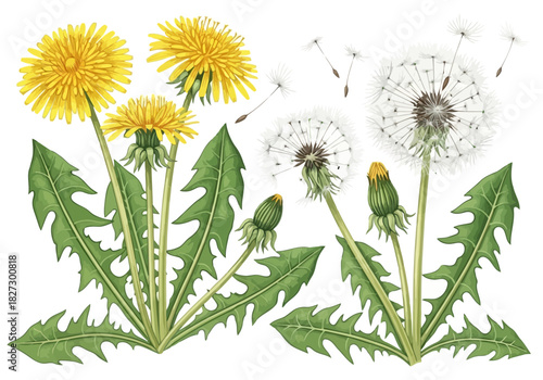 Watercolor illustration of dandelion life cycle stages including yellow flower, bud, and seed head
