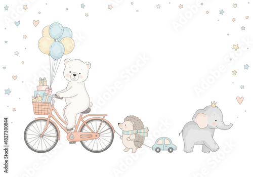 Cute baby bear riding a bicycle with balloons and gifts, followed by hedgehog and elephant