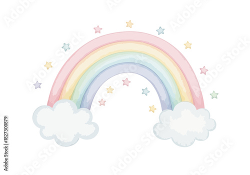 Cute pastel watercolor rainbow with soft clouds and tiny stars illustration