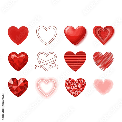 Collection of twelve stylized red heart icons in various designs like solid, outline, gem, and sketch