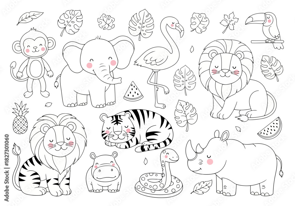Naklejka premium Cute hand drawn jungle animal collection for coloring book page