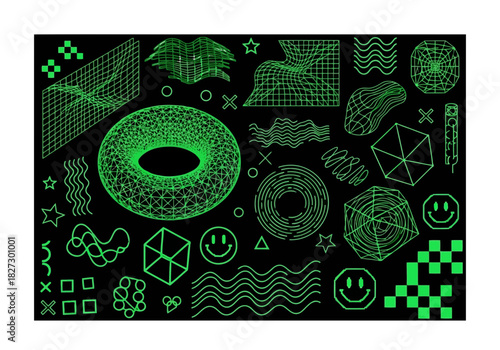 Collection of glowing green abstract geometric shapes, wireframe objects, and retro digital elements on a