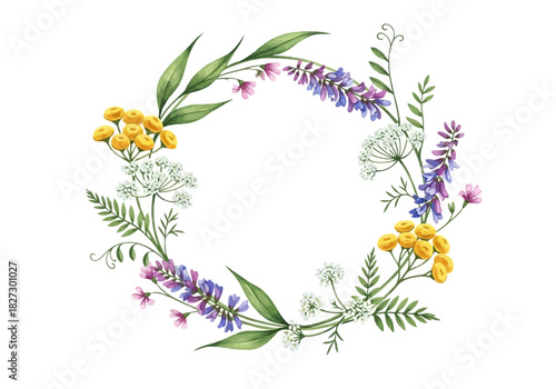Watercolor wreath of wild meadow flowers and green foliage