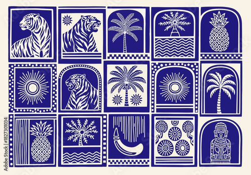 Collection of stylized blue and white tropical and animal motifs in decorative frames, perfect for textile design