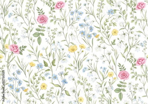 Seamless pattern of delicate watercolor wild meadow flowers including pink rose, blue forgetmenot, and yellow bloom on