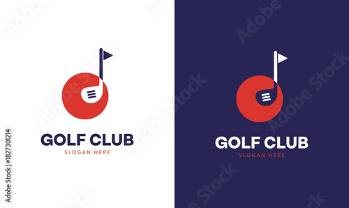 Modern golf club logo design featuring a minimalist red circle, stylized golf flag, and club icon.