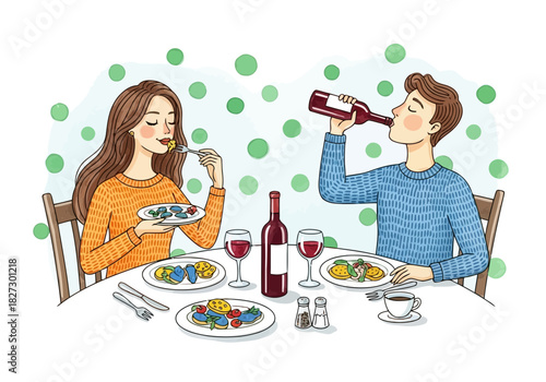 Couple enjoying a romantic dinner date at home with wine and food, illustration style