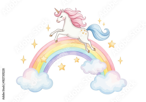 Cute watercolor unicorn with pink mane jumping over a pastel rainbow with clouds and stars