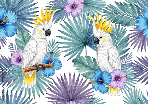 Watercolor seamless pattern with two white cockatoo parrot bird on branch and tropical blue and purple hibiscus flower