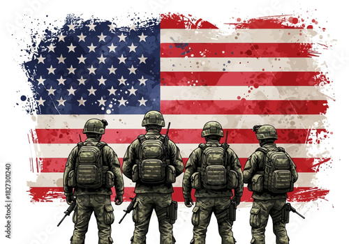 Four soldiers in full tactical gear stand with their backs to the viewer against a distressed american flag background
