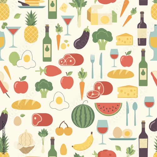 Seamless pattern of various food items including fruit, vegetable, meat, cheese, bread, egg, and wine for culinary design