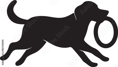 A playful black silhouette of a dog running with a circular toy