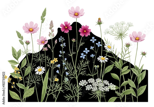 Watercolor illustration of a vibrant meadow of pink, white, and blue wildflower blossoms set against a black silhouette shape